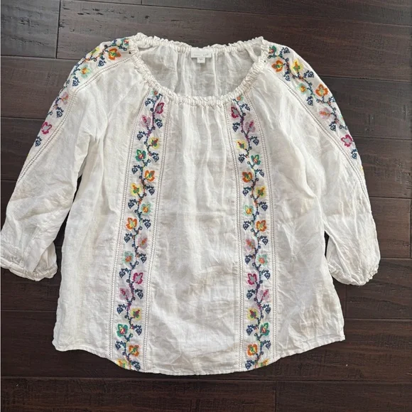 J Jill linen embroidered flowy whimsical white floral blouse size L luxury chic - Picture 8 of 9
